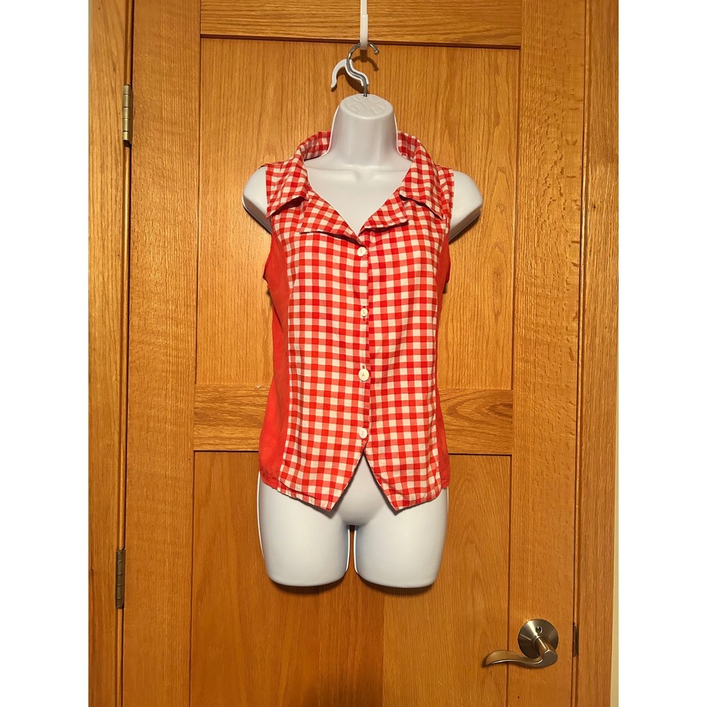 Vintage Red Gingham Sleeveless Button Down Top Notched Collar Retro Rockabilly